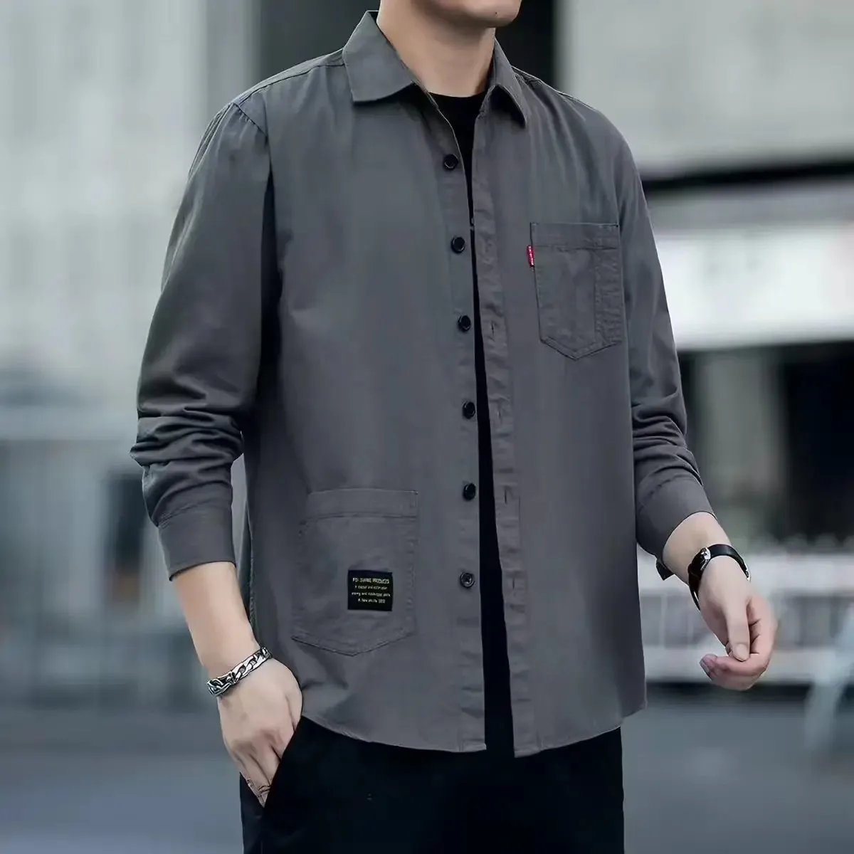 Loose Men's Casual Shirt for Welding Resistant to Oil Wear And Dirt Proof Spring Autumn Wearable Polyester Fiber Long Sleeve