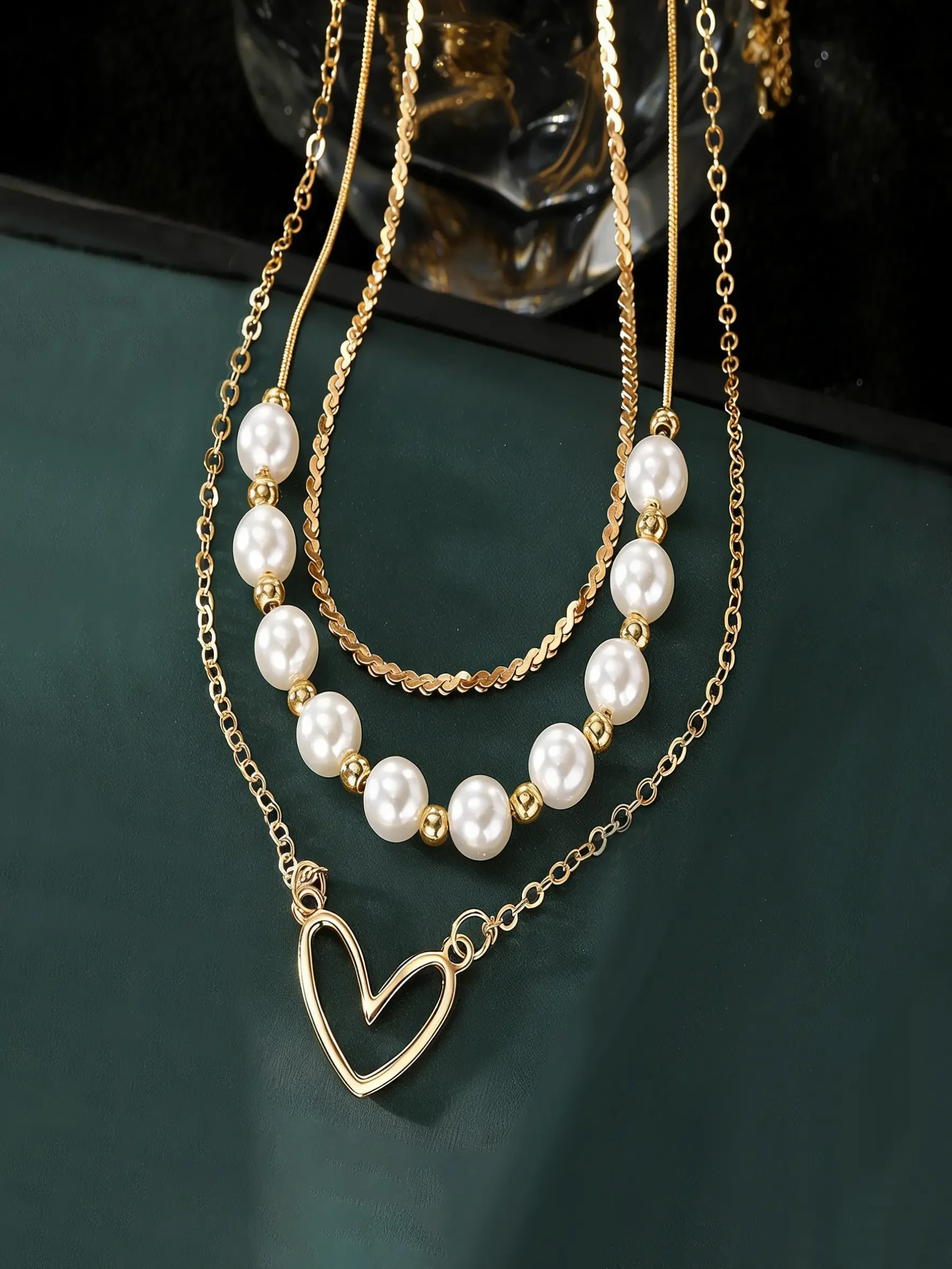 Faux Pearl Decorated Heart Design Layered Necklace, Multilayer Necklace, Love Heart Necklace, Fashion Jewelry for Party, Daily Clothing Decor, Trendy All-match & Exquisite Jewelry for Birthday Gift, Fashionable Jewelry Accessories, Fashion Accessory
