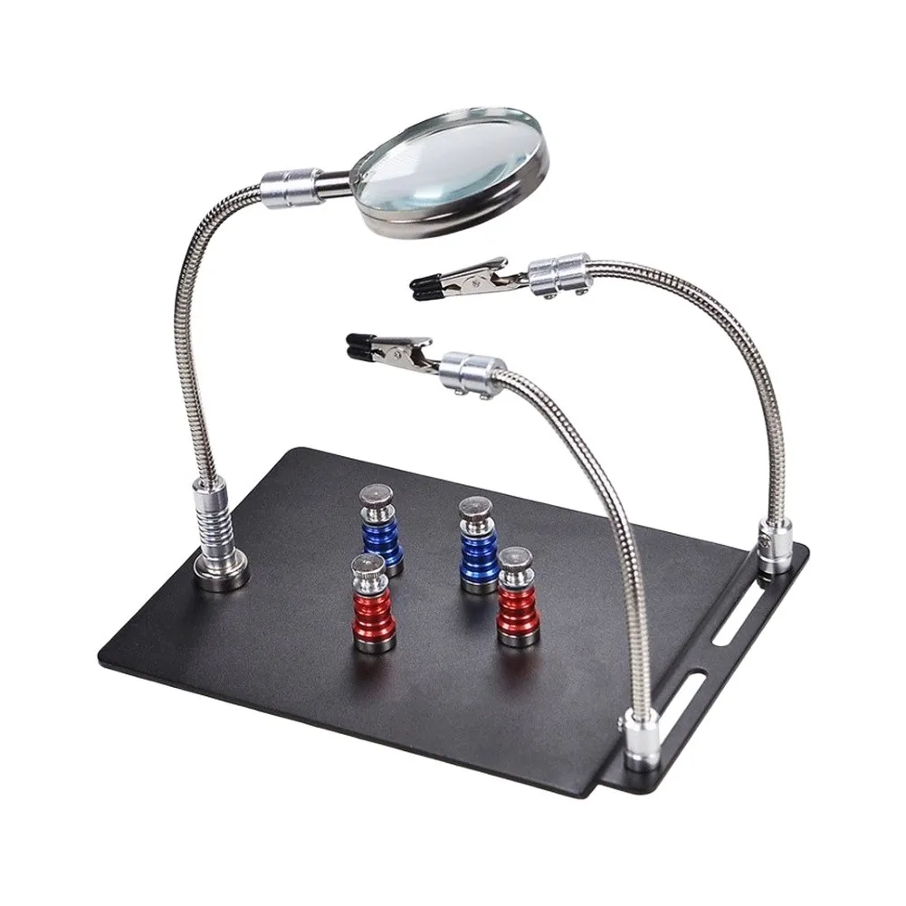 Metal Helping Hands Tool with 21x14.5mm Lens and Flexible Magnetic Arms for PCB Repair and Component Placement