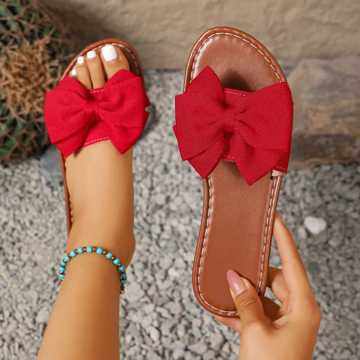

Flat round Head Sandals Women's Outdoor Wear Butterfly Knot Flat Heel Cloth Face Slippers Breathable Casual Slip-On Shoes