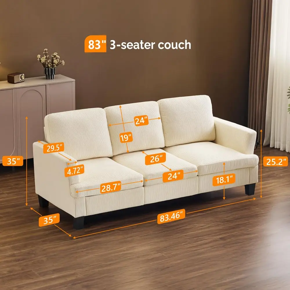 

Beige 83 Sofa Couches for Living Room, Corduroy Modern Comfy 3 Seater Couch 25.6 Deep Seat holstery Cozy Sofas for Small Spac