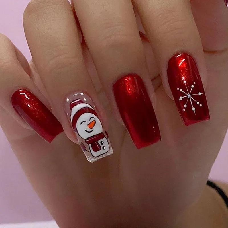 

24 Pcs Christmas Medium Long Square Stick-on Nails Red Snowman Cute False Nail with Design Kawaii cheap sweet Press on Nails