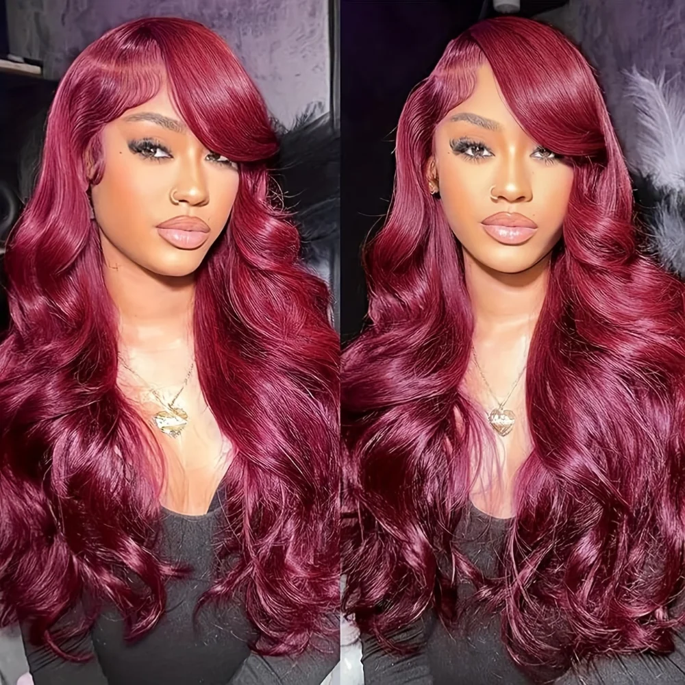

Бордовый парик с волнистыми прядями 99J, 13x6 HD Lace Frontal, бразильский цветной парик с кружевной вставкой, плотность 250%, для женщин, 100% натуральные волосы, 38 дюймов.