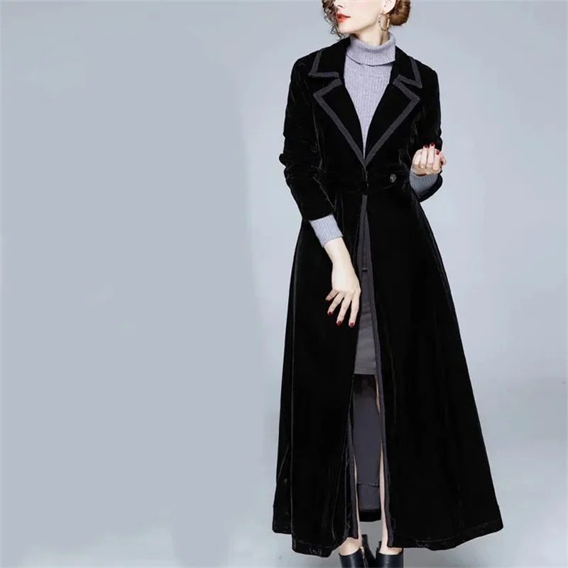 Golden Velvet Long Windbreaker Coat 2023 Women Autumn/Winter New Style High End Temperament Trench Female Elegant Long Overcoat