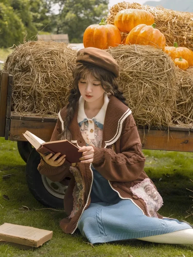 Kawaii Cartoon Jacquard Cardigan Women Vintage Jk Uniform Sweater Coat Autumn Winter Girls Y2k Knitted Tops Sueters De Mujer