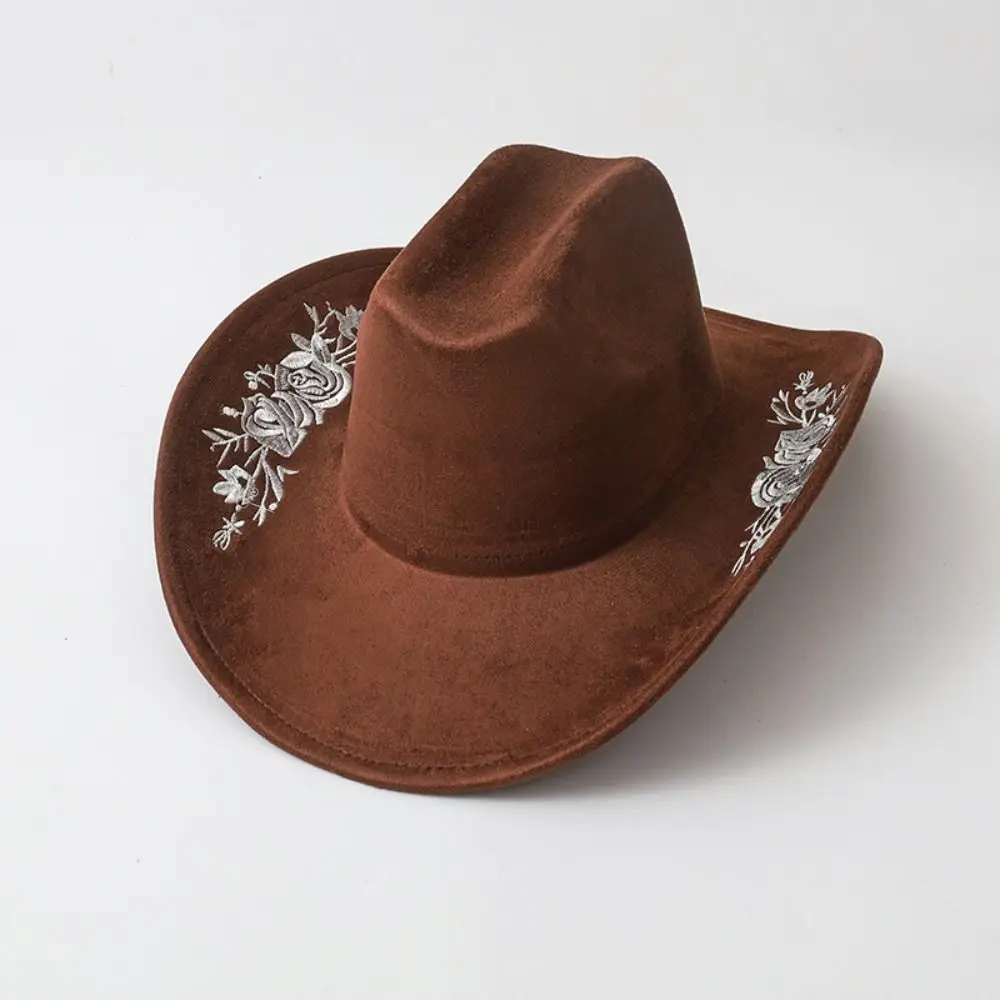 Sombrero de copa de fieltro bordado de ala grande, gorra de rendimiento para ocasiones formales, sombreros de lana, sombreros de Jazz, decoración de flores bordadas