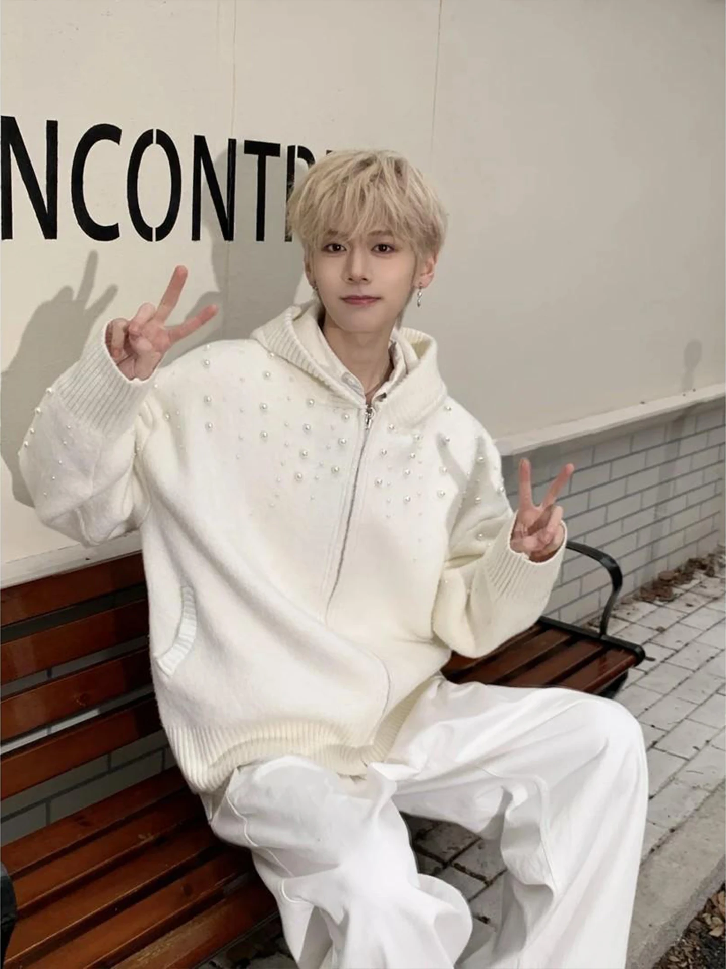 

Pearl Embellied Heavyweight Knit Cardigan Sweater Men's Casual Sle Lazy Faion Outerwear Hooded Zipper Closure Long Sve