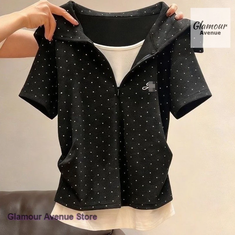 Korean embroidery stitching fake two navy collar short-sleeved T-shirts women's summer slim pleats with wild bottoming shirts.