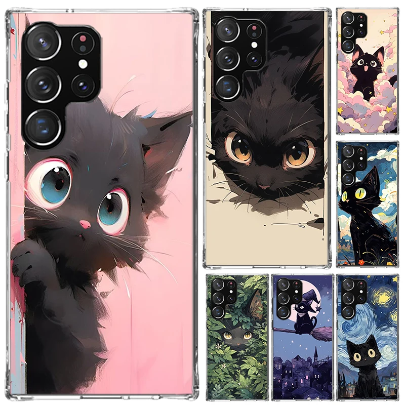 Anime Cute Black Cat Meow Phone Case for Samsung Galaxy S26 S24 S23 Ultra S25 Edge S22 S21 Plus S20 FE + Soft Print Shell Funda