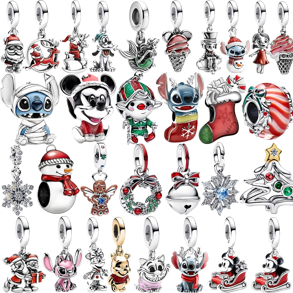 Abalorios de Plata de Ley 925 con Diseño de Mickey y Stitch, Árbol de Navidad y Papá Noel, Compatibles con Pulseras Originales para Mujer, DIY Navidad