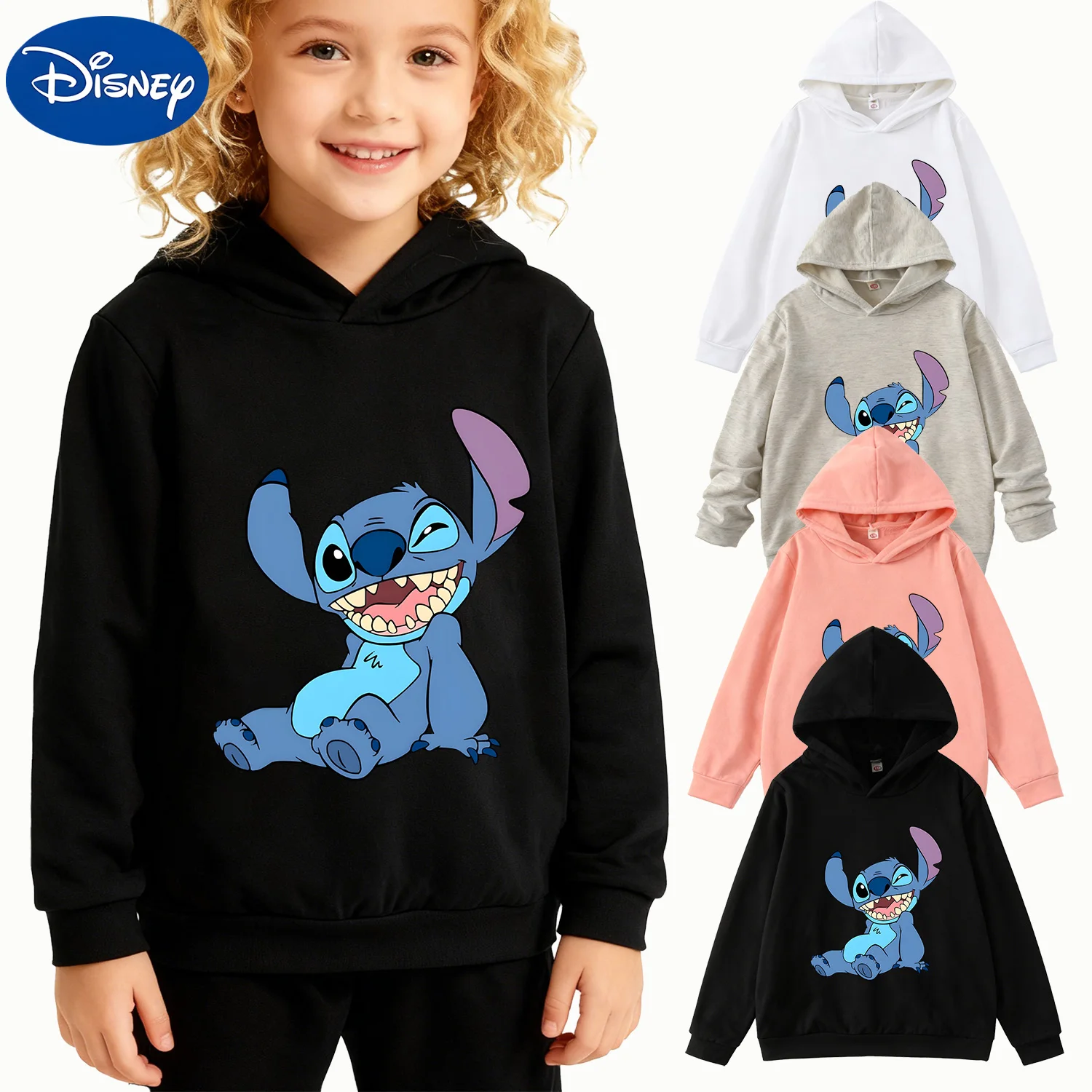

Kids Disney Lilo & Stitch Grinning Graphic Hoodie, Black Casual Pullover