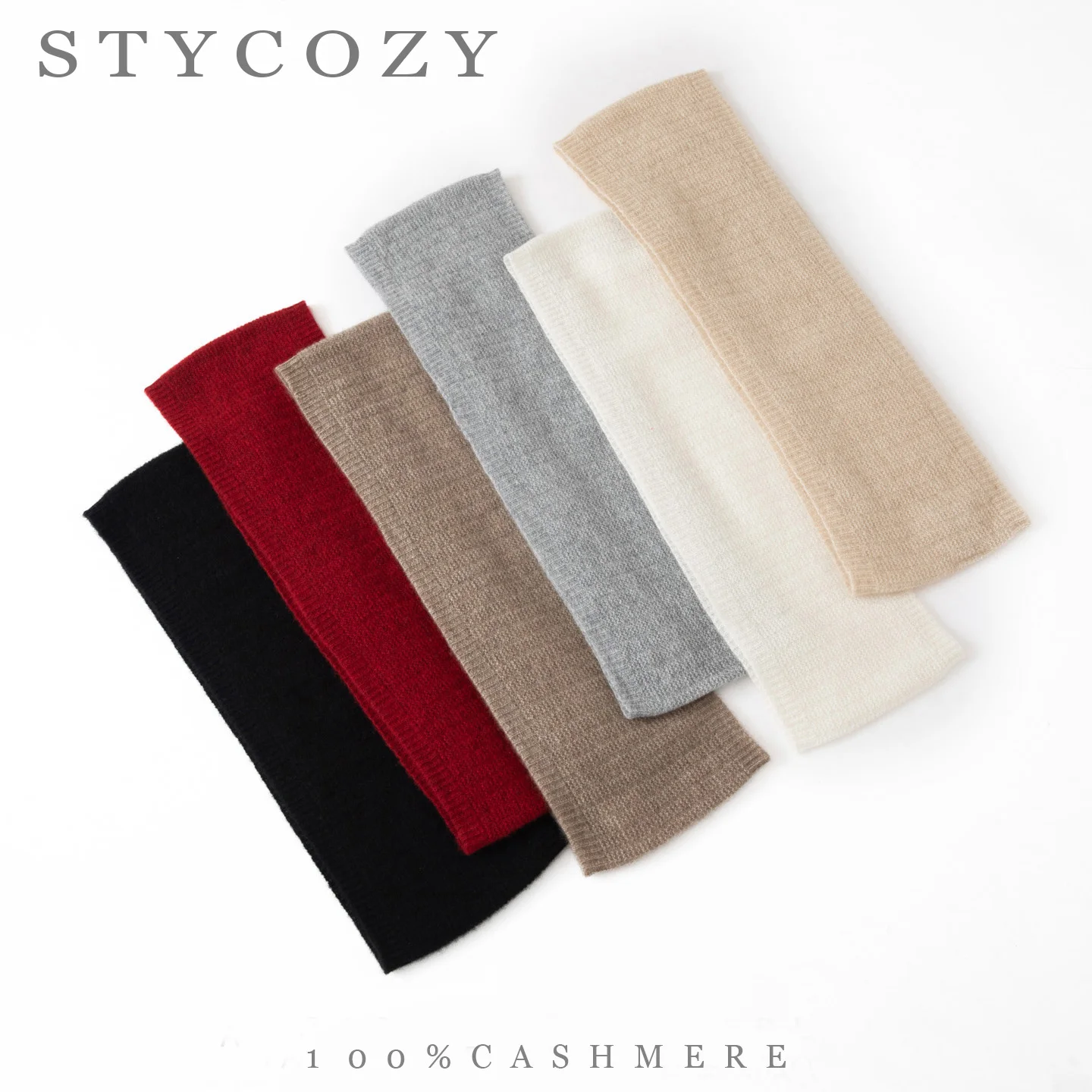 100%Cashmere Solid Color Neckerchief Women Lightweight Thin Ribbed Knit Tube Scarf Soft Breathable Winter Daily Wear Unisex