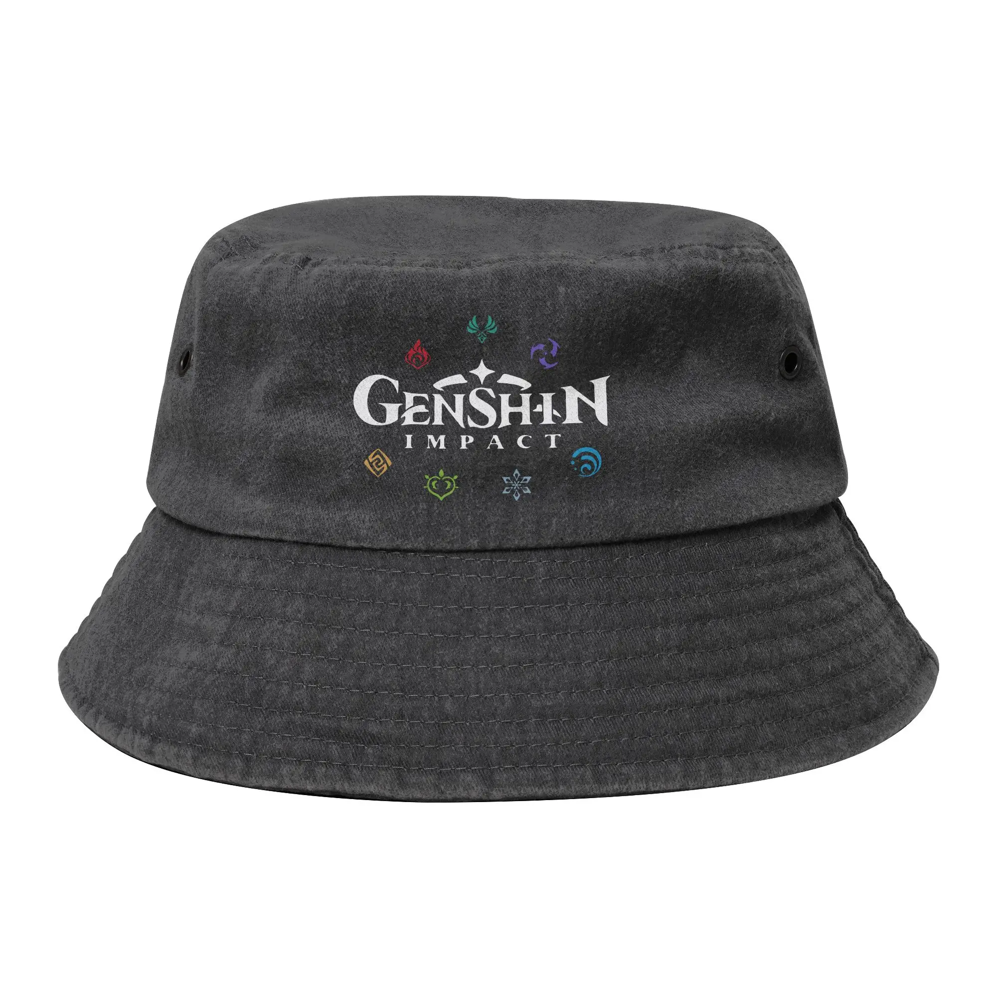 Genshin Impact Game Elements Colours Bucket Hat Unisex Outdoor  Distressed Washed Fishing Caps Beach Boonie Hat