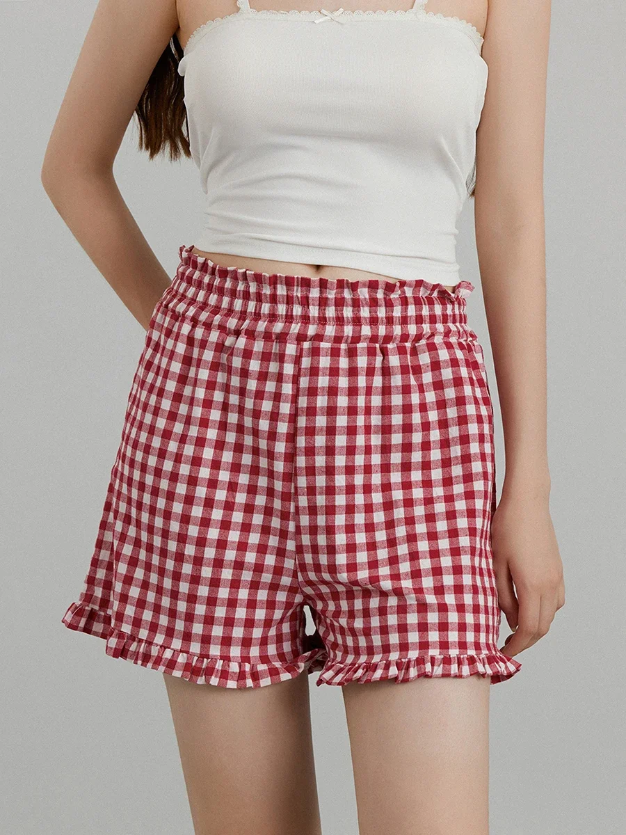 Women Gingham Shorts Y2K Ruffle Hem Plaid Shorts High Waist Lounge Pajama Boxer Shorts Pj Bottom Going Out Shorts