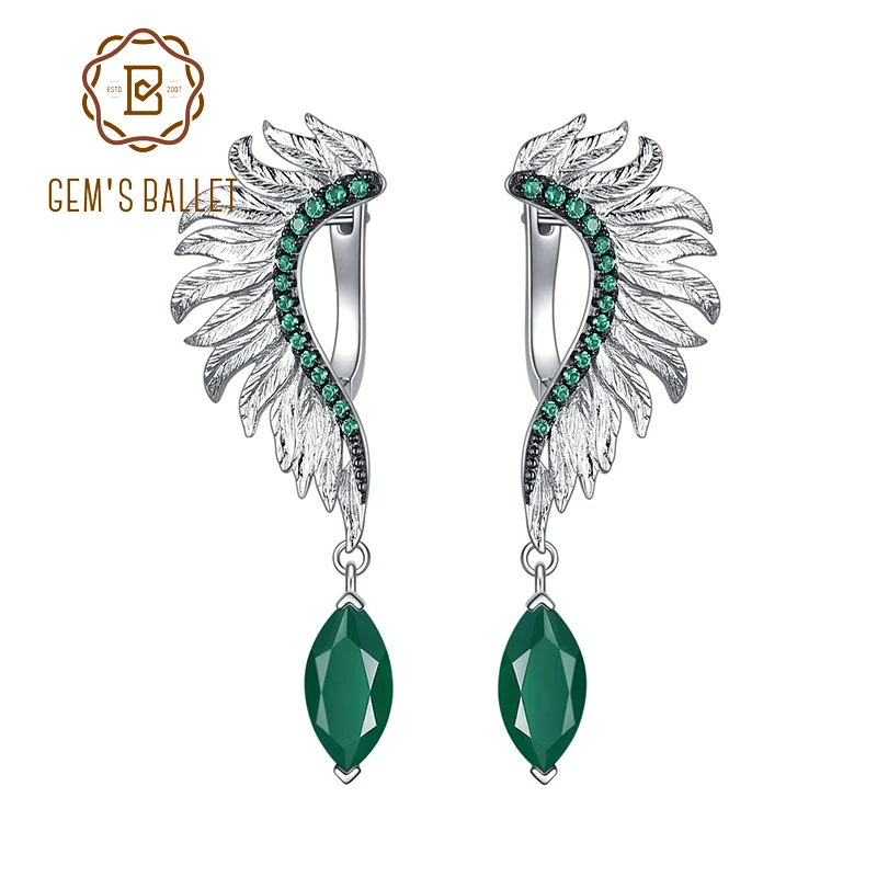 GEM\'S BALLET Angel Wings Feather 925 Sterling Silver Earrings For Women Jewelry Anniversary Gift Natural Green Agate Amethyst