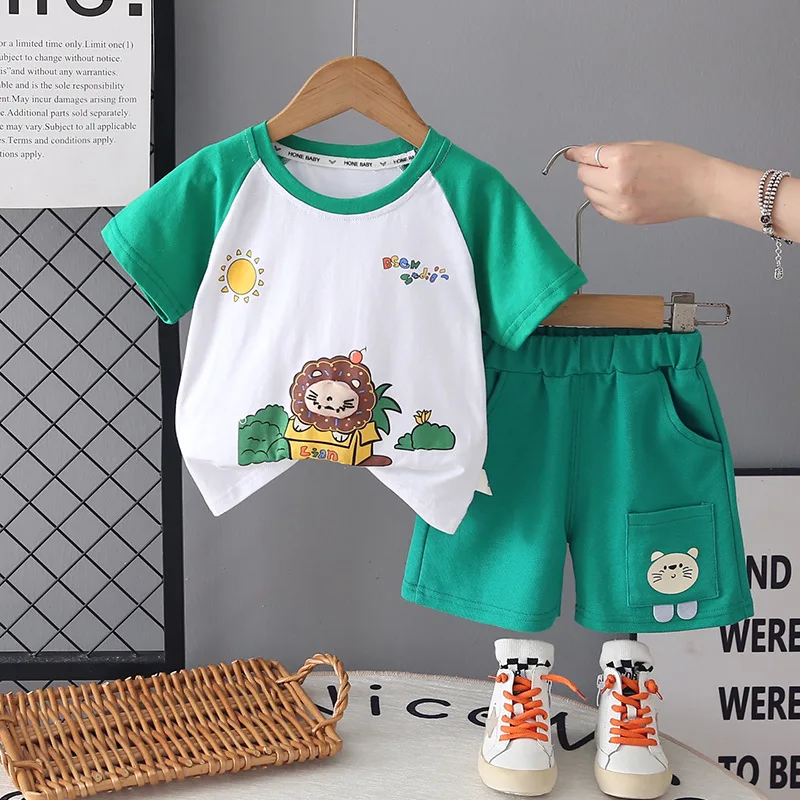 Toddler Summer Outfit Korean Fashion Baby Boy Clothes 12 To 18 Month Cartoon Lion Short Sleeve T-shirts Tops and Shorts Boys Set