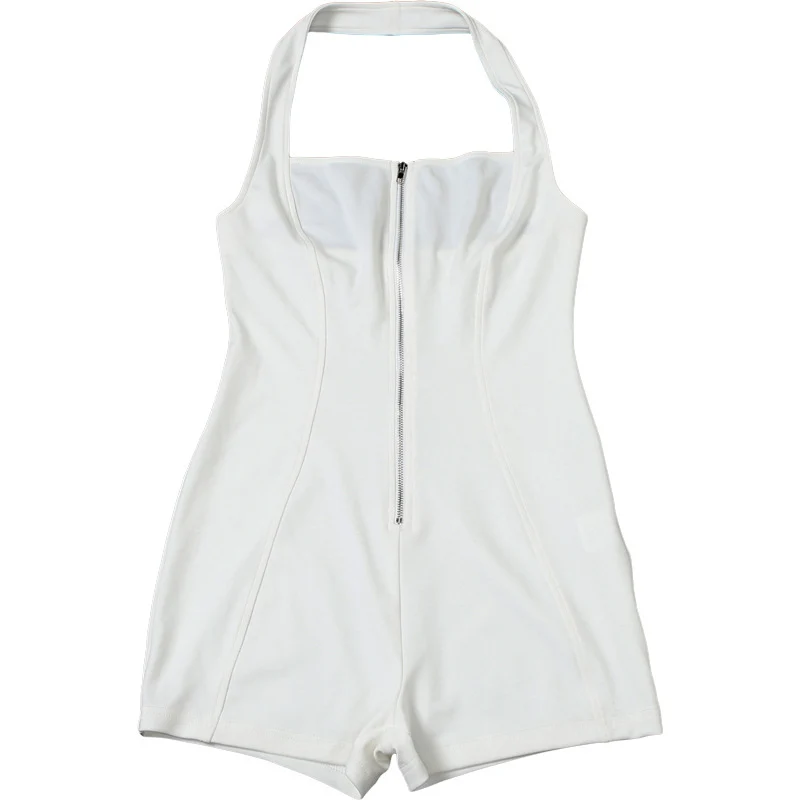 Tutina sexy per tutti i giorni Abiti da club per donna Halter Backless Cerniera frontale Vita alta Skinny Bodycon Tuta Pantaloncini Pagliaccetto da festa