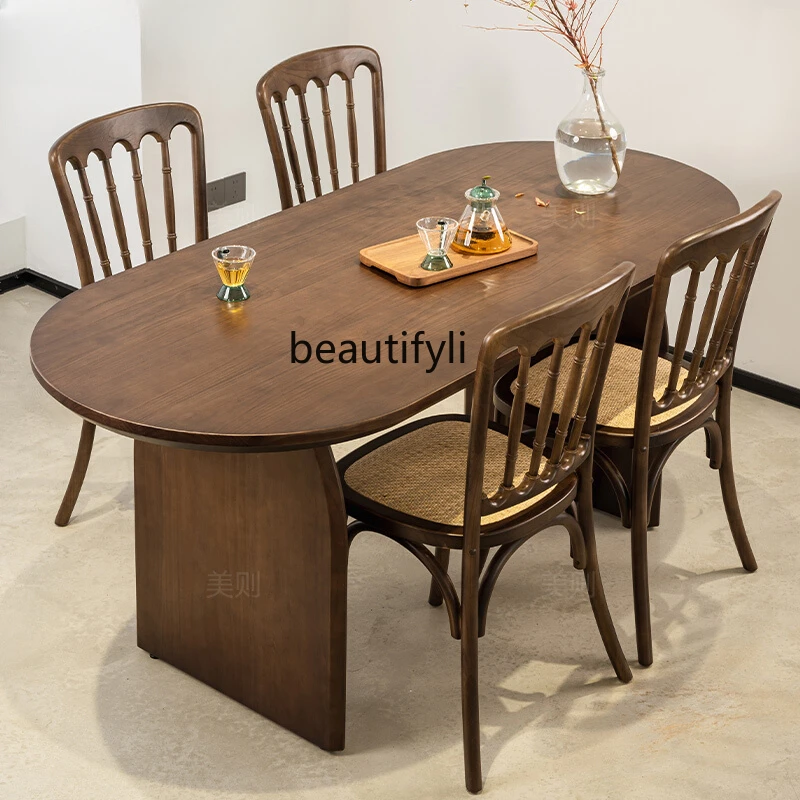 American Country Style Log Dining Table Oval Long Walnut Color 1.6 M 1 Table 4 Chairs Solid Wood