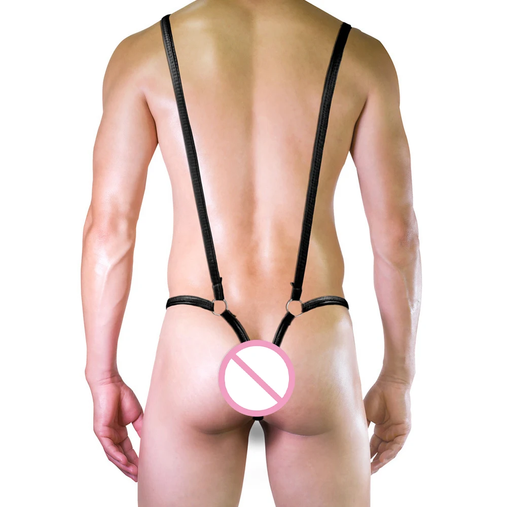 Fashionable Y Shaped Suspender Underwear with Adjustable T Back Thong and Bulge Pouch for Men in Synthetic Leather