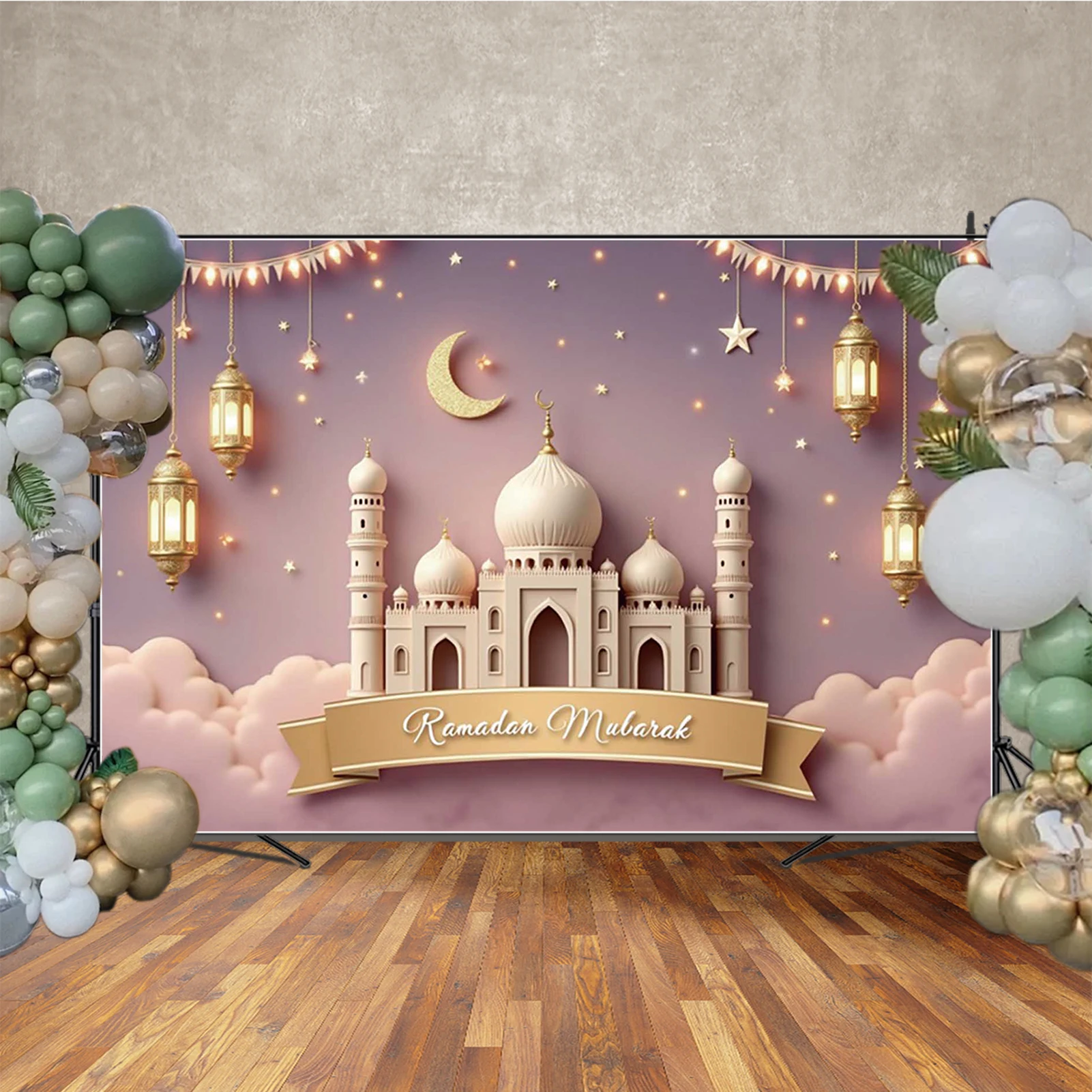 MOO.QG 2025 Eid Mubarak Islam creyente mezquita fondo fotografía Rosa Pairy Moon Festival fiesta Banner telón de fondo decoración