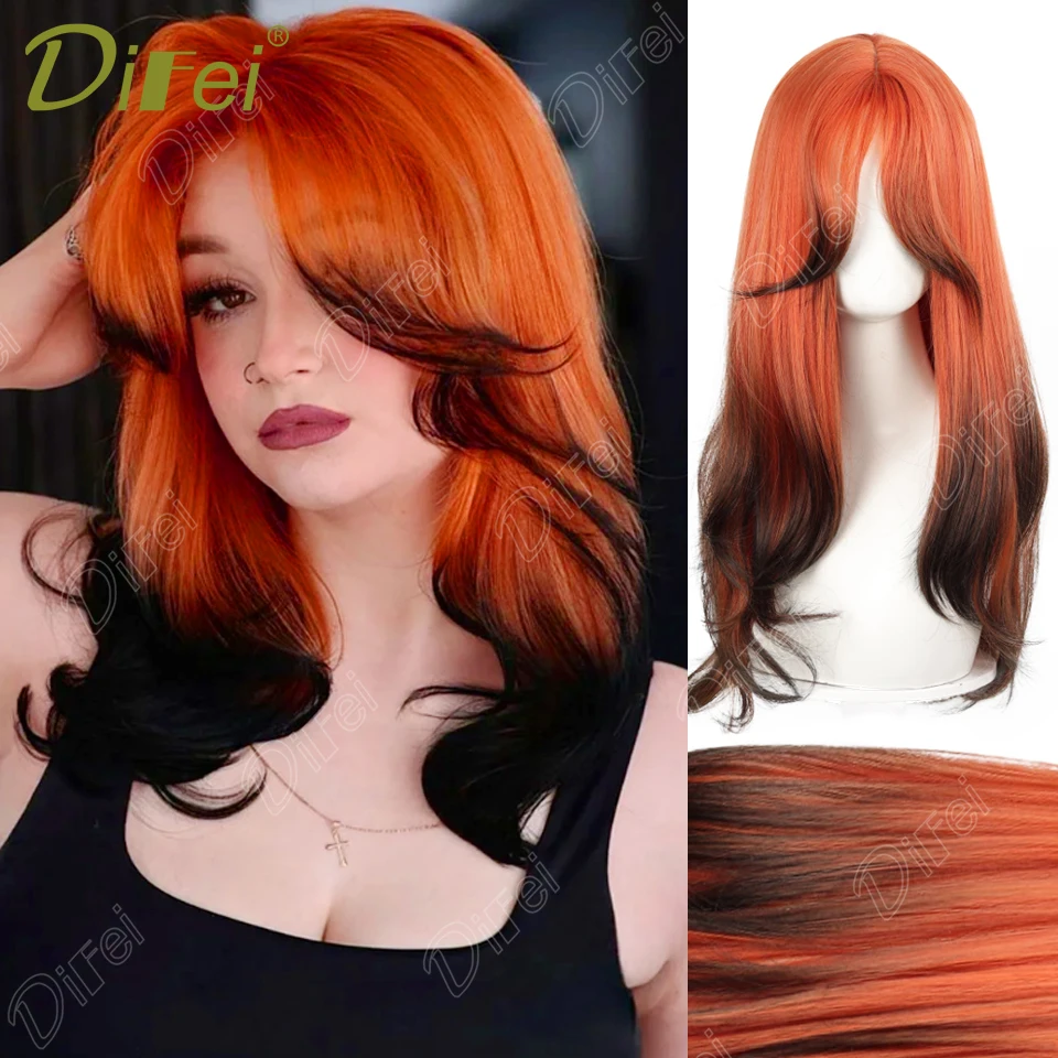 

Оранжевый градиент, черный длинный синтетический парик, женский парик, волнистый вьющийся парик со средним пробором, подходит для ролевых игр на Хэллоуин