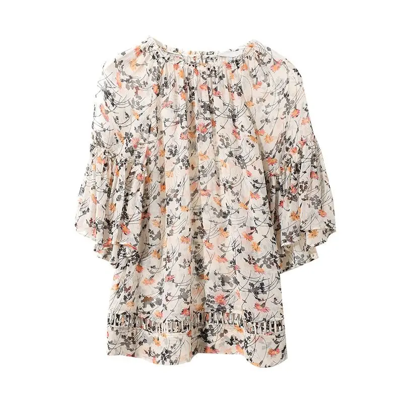 Elegant V-Neck Printed Floral Batwing Sleeve Chiffon Blouse Women\'s Clothing 2024 Summer New Casual Tops Commute Shirt