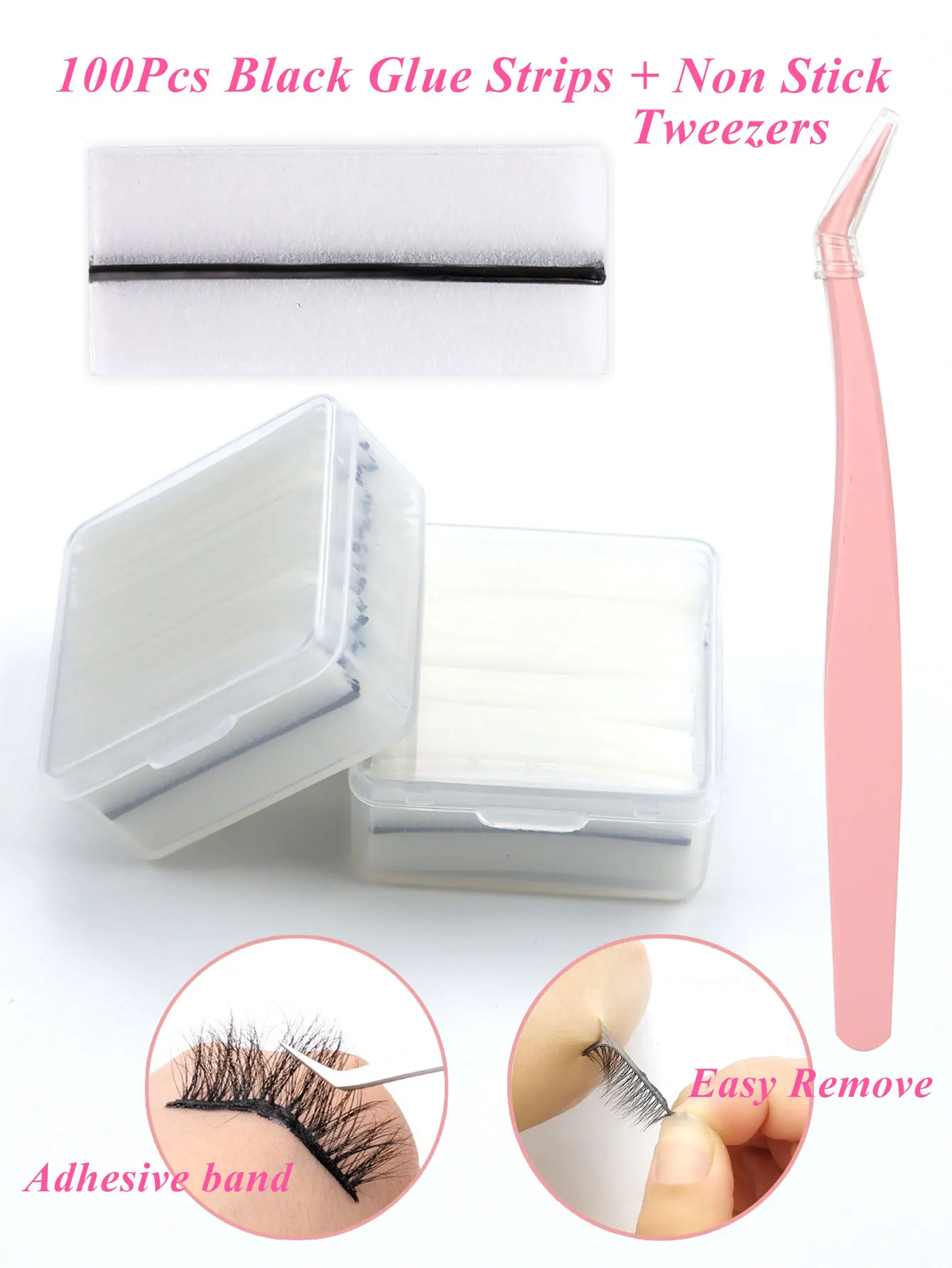 100 قطعة شرائط الغراء الأسود أدوات ماكياج ذاتية اللصق مقاوم للماء قابلة لإعادة الاستخدام خالية من الغراء رمش الغراء مع الملقط الرموش الصناعية