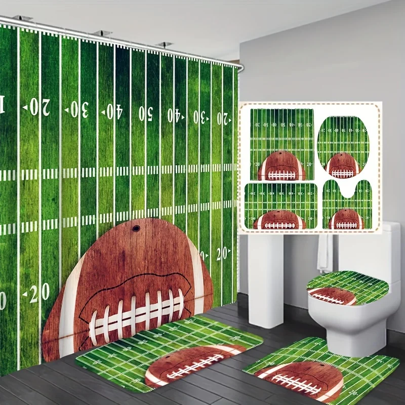 1/3/4PCs football printed set, waterproof shower curtain with hooks, non-slip bath rug, toilet U-shape mat, toile