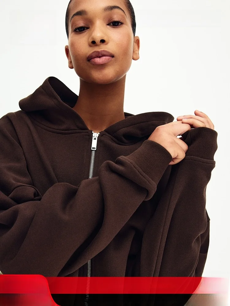 

H&M Women's Zip-Up Hoodie Commuter Style Drawstring Spring Casual Loose Fit Long Sleeve Cotton Hooded Outerwear