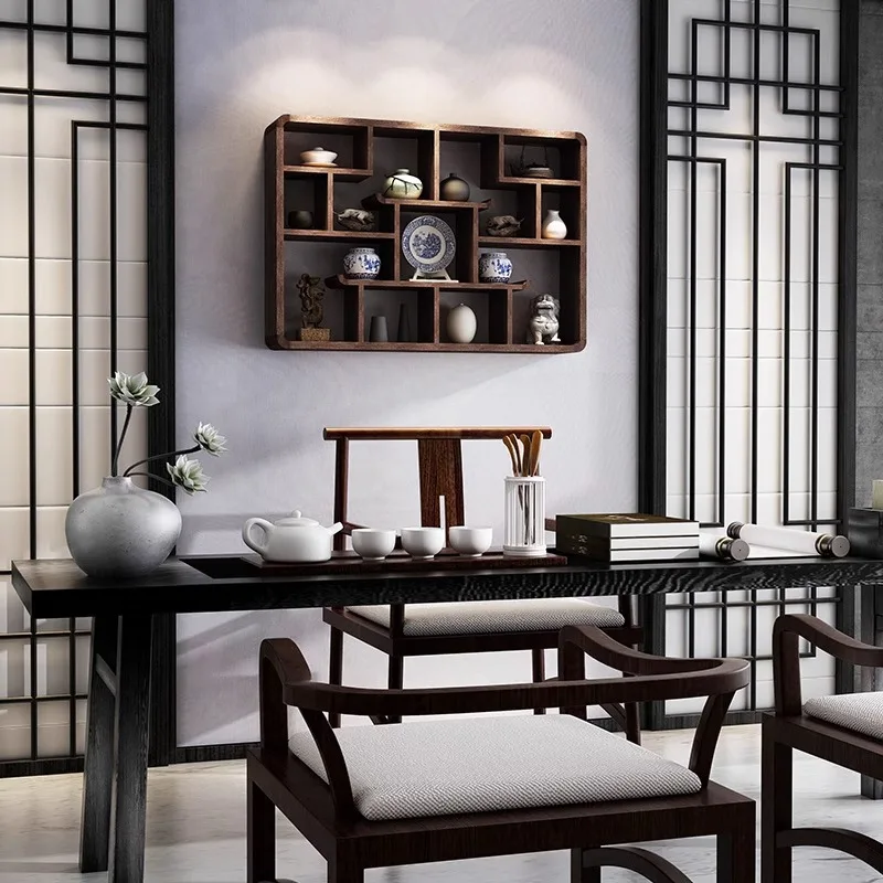 

Wall-mounted Duobao Pavilion solid wood Chinese tea rack Wall-mounted shelf suitable for bedrooms and living rooms