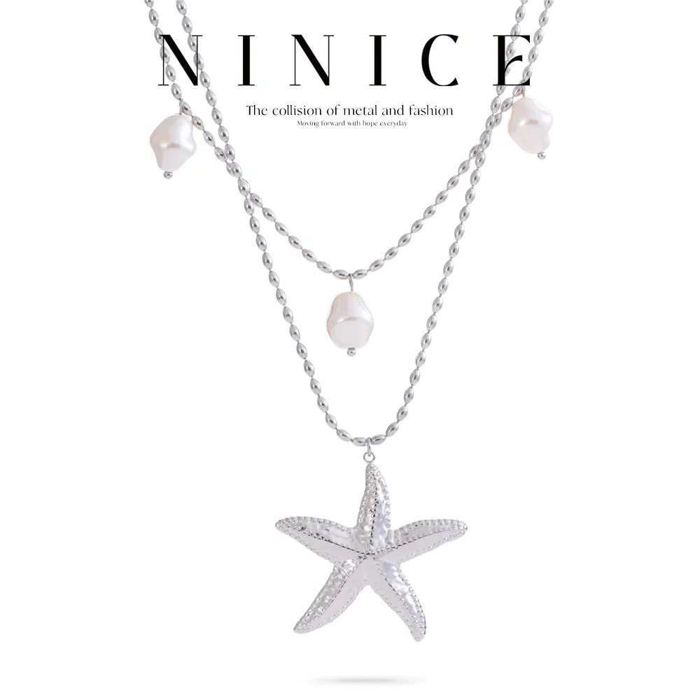 NiNice Necklaces Stainless Steel women's Jewelry 2025 Trend Double Layered Ocean Wind Starfish Summer Beach Waterproof PVD New