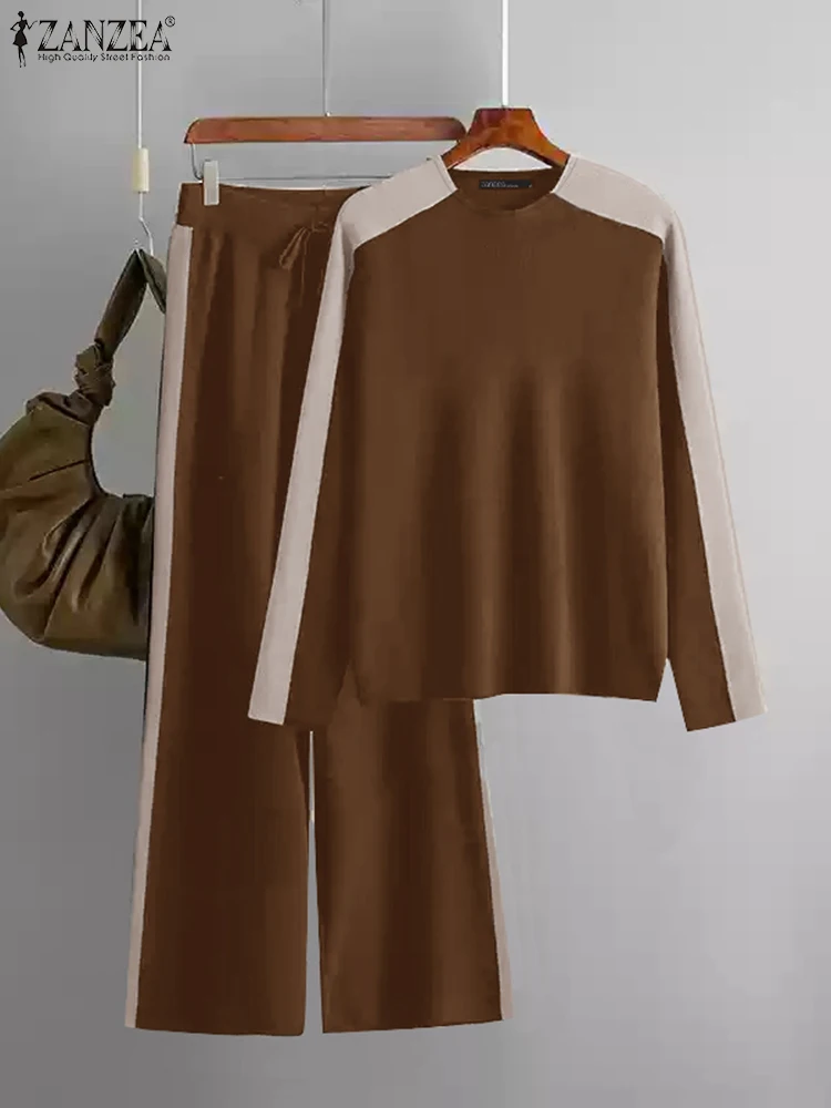 

ZANZEA Women 2025 Spring Tracksuits Casual Daily Wide Leg Pant Long Sleeve T-shirts 2pcs Outfits Color-Blocked Panels Pant Sets
