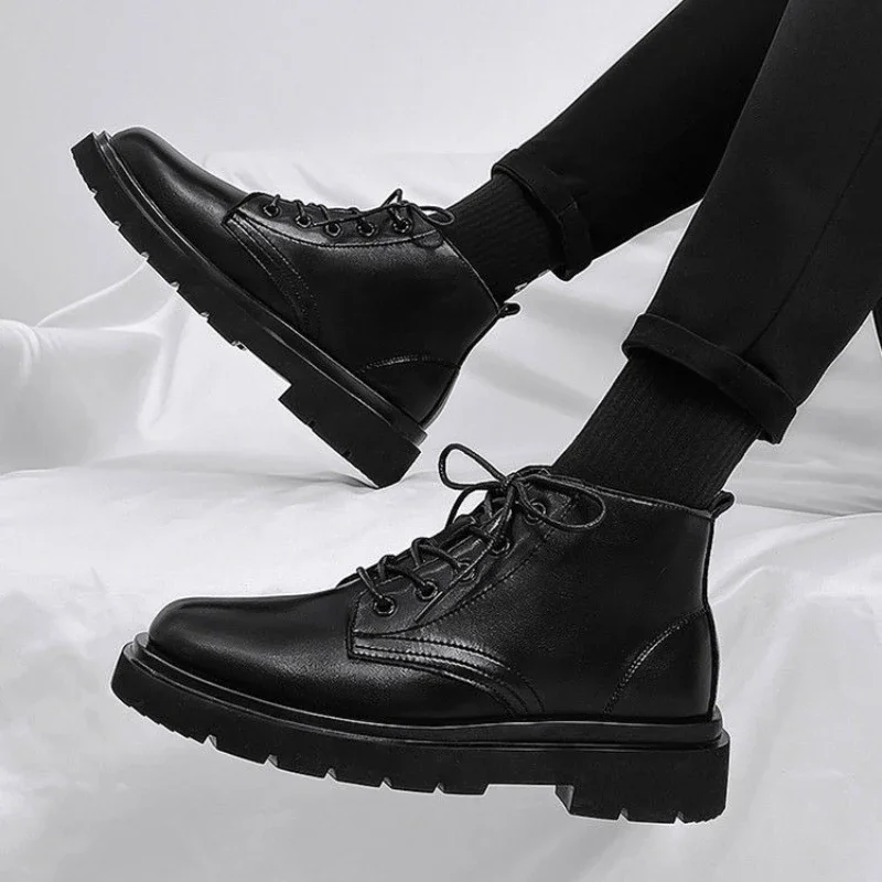 Leather Black Men High Top Lace Up Boots Autumn British Motorcycle Ins Hong Kong Couple Anti Slip Height Increase Workwear Shoes - view 2
