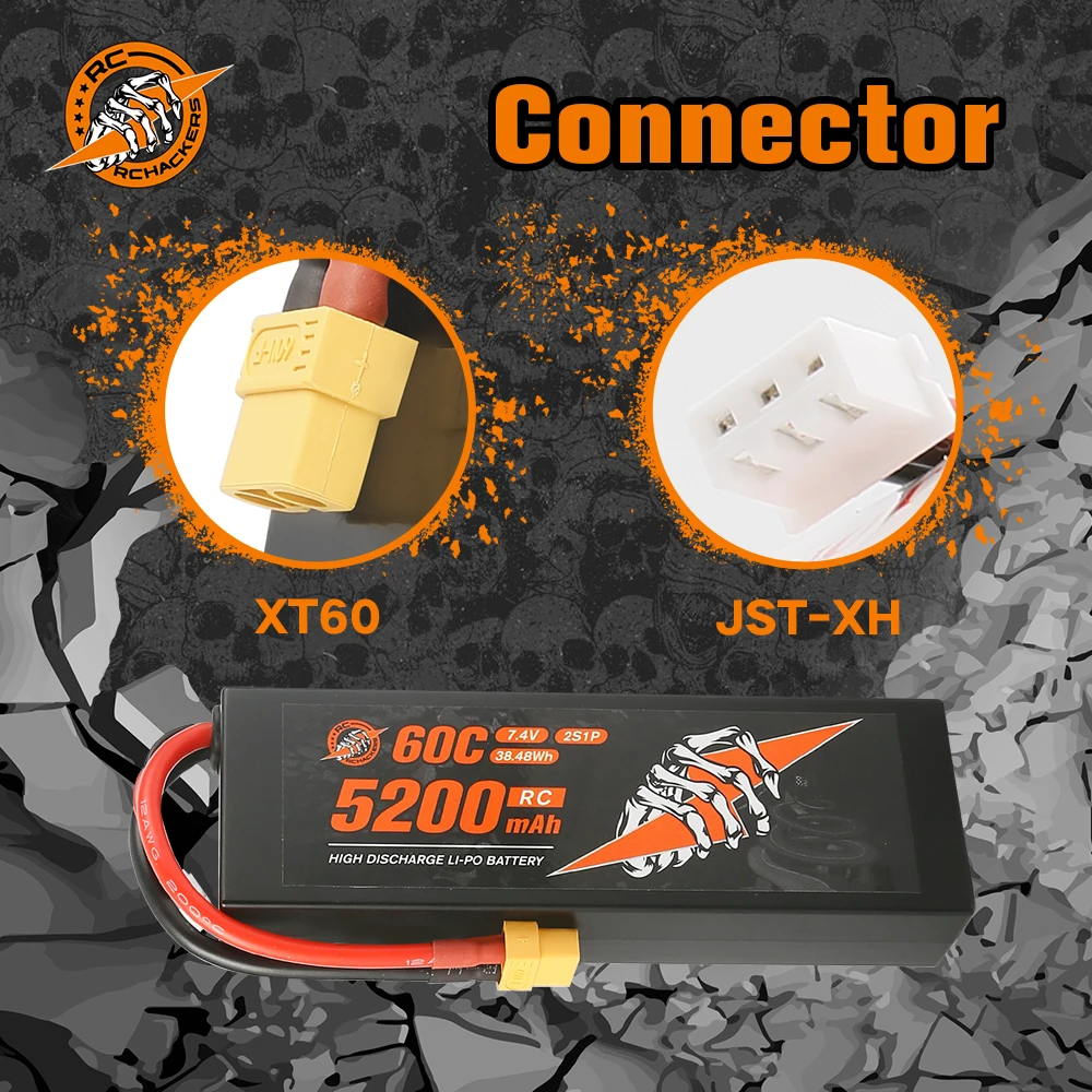 RCHackers 2S 5200mAh 60C 7.4V Lipo Battery with XT60 Plug High Capacity for RC Car Boat Airplane - 2 Packs