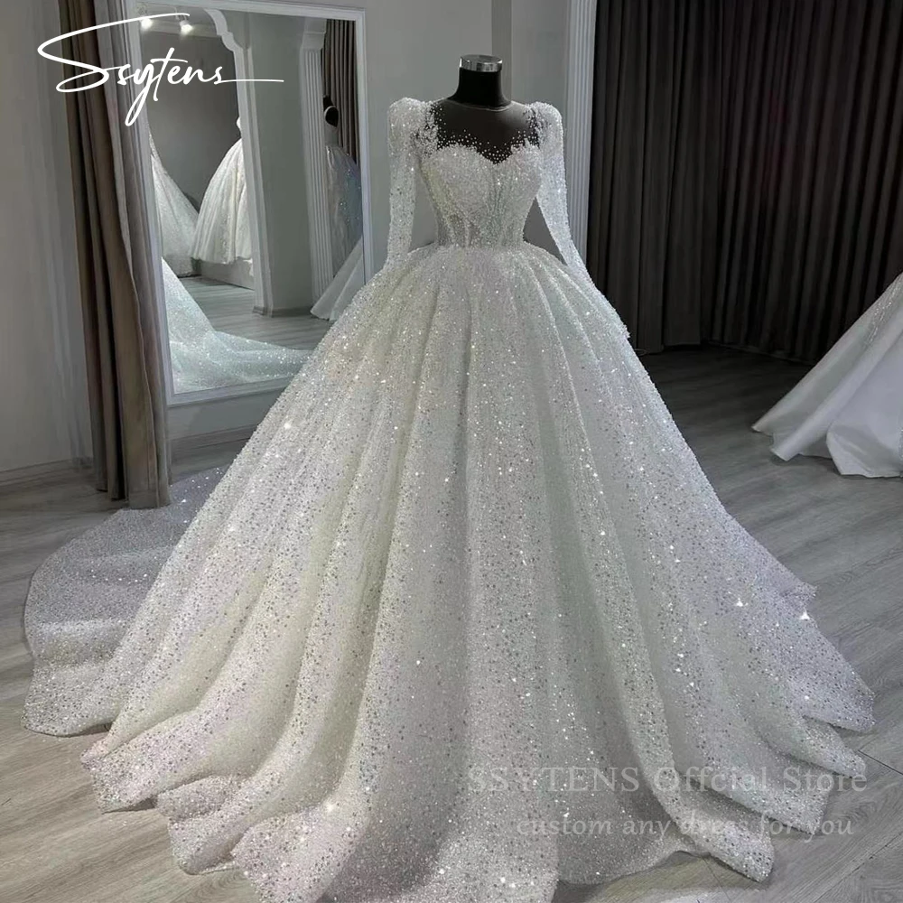 Vestido de baile de luxo vestidos de casamento personalizado 2025 árabe dubai pérolas ilusão mangas compridas vestidos de noiva