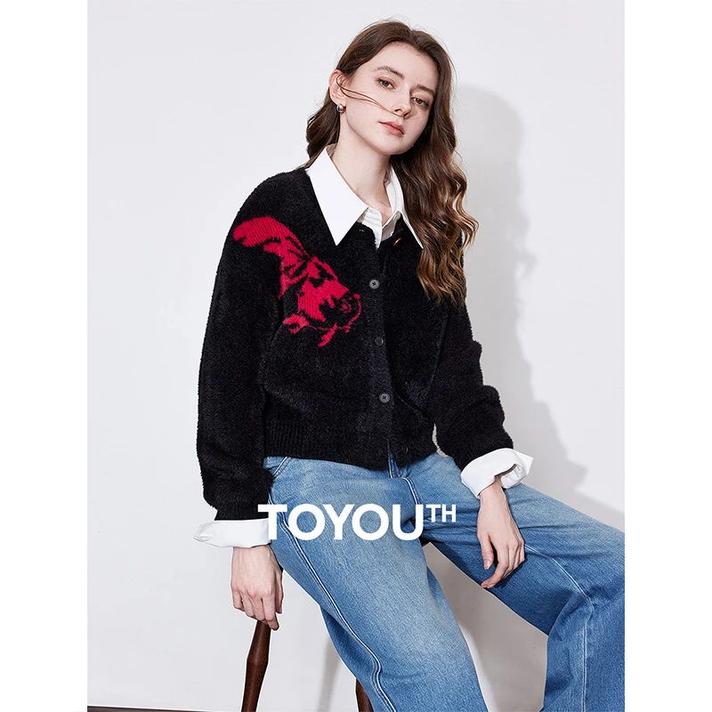 TOYOUTH Women Cardigan Sweater, 2025 Spring New Koi Jacquard Single Breasted Button Round Neck Pullover Knitted Tops