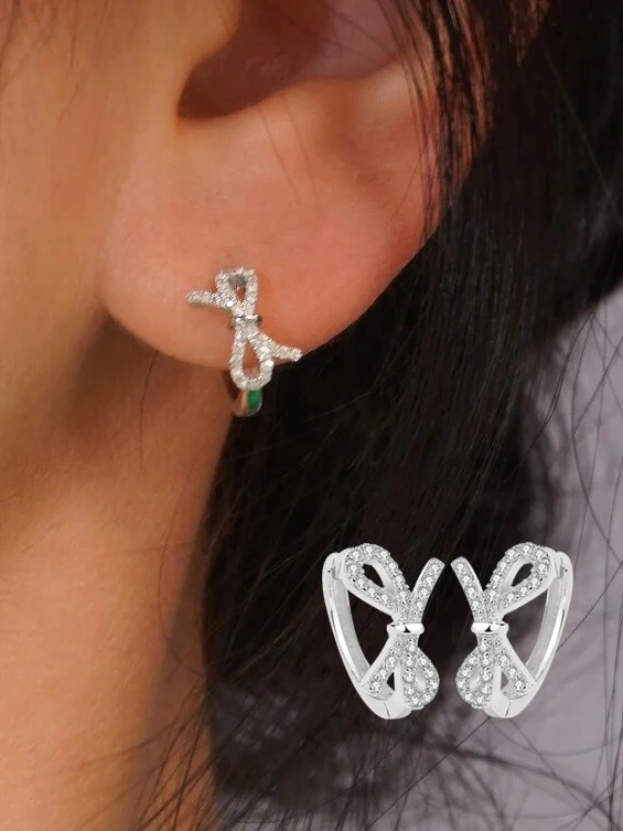 

S925 Japanese-Style Sweet and Cute Bowknot Sterling Silver Earrings, Hoop Earrings Inlaid with Artificial Zircon, Suitable for Daily Wear, Dating, Weddings, Parties, Fashionable Campus Style, High-Quality Jewelry, Also an Elegant Gift for Women