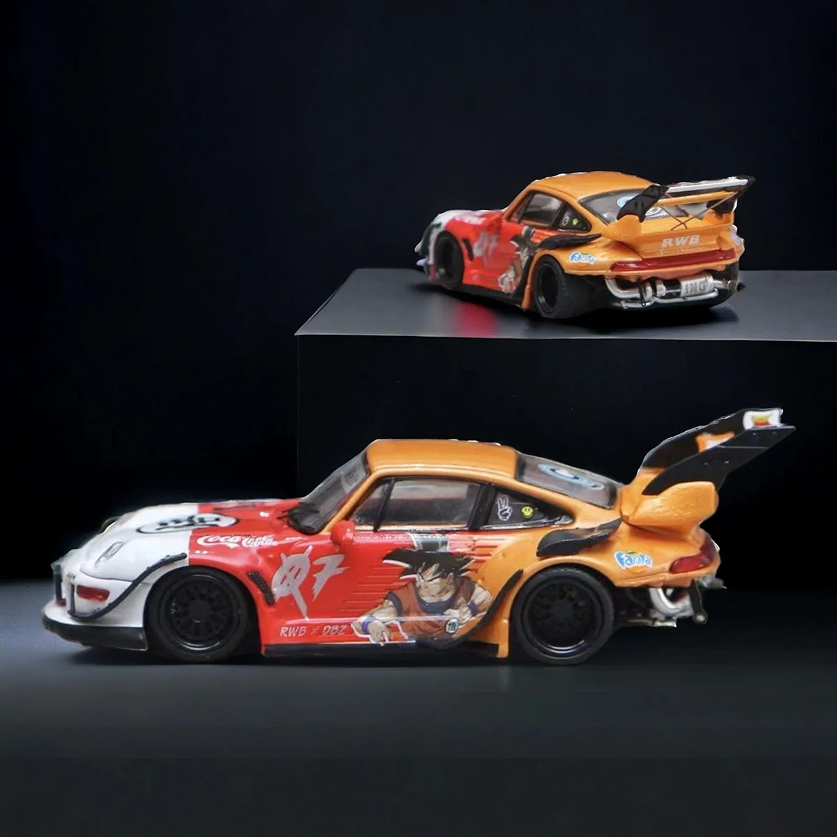 In Stock Street Warrior 1:64 Porsche 911 RWB 993 Diecast Model Car. Dragon Ball Z Goku anime livery, iconic widebody design