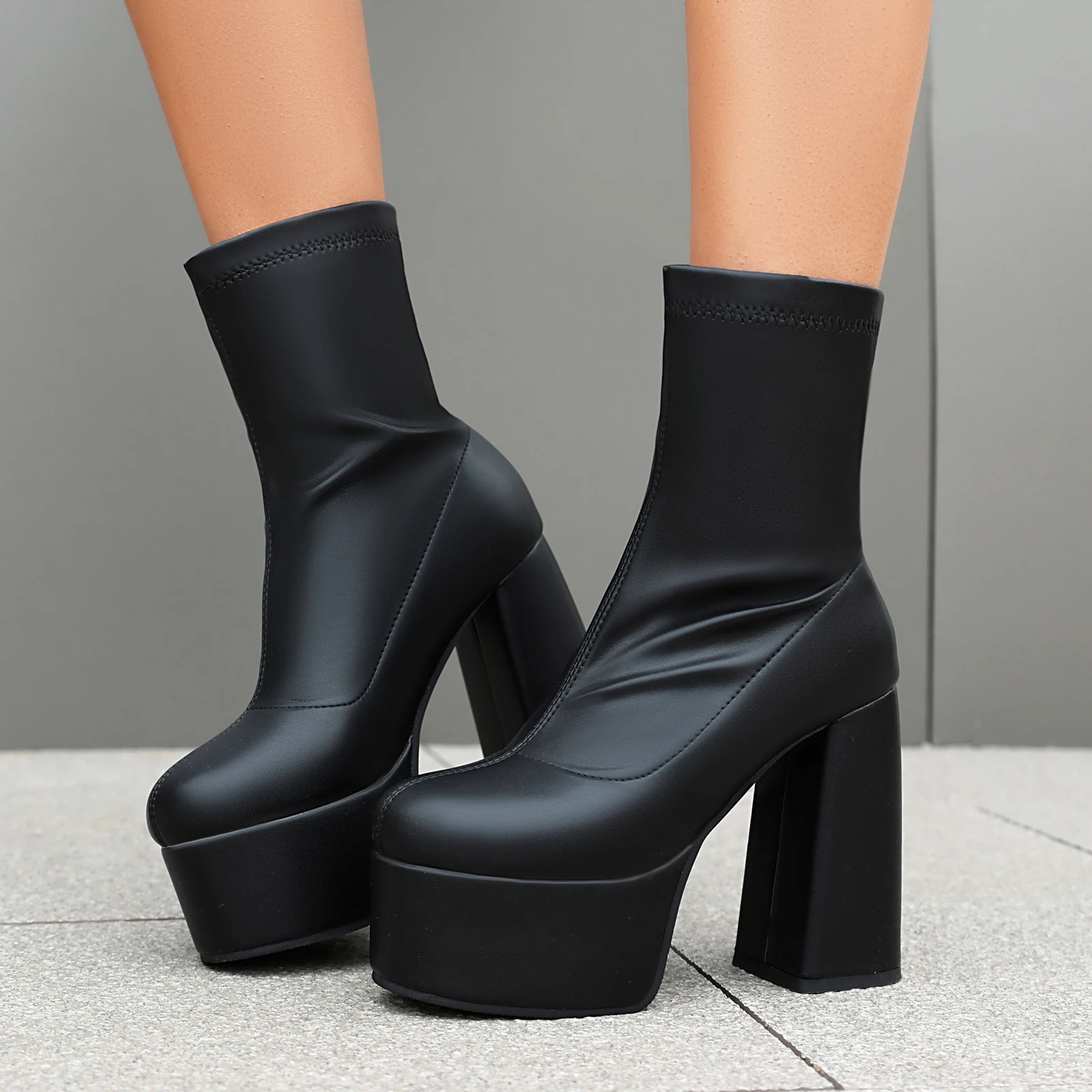 Stretch Platform Boots Women's Gold Silver Shoes Ankle Boots Block High Heels Solid Sexy 2024 Autumn Winter PU Footwear