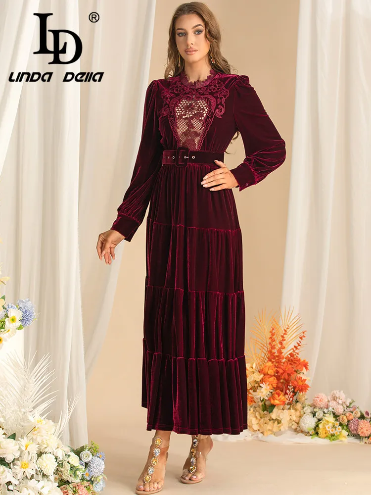 LD LINDA DELLA Autumn and Winter Fashion Dress Women Stand Collar Lantern Sleeved Lace Hollow Out Party Dresses With Belt