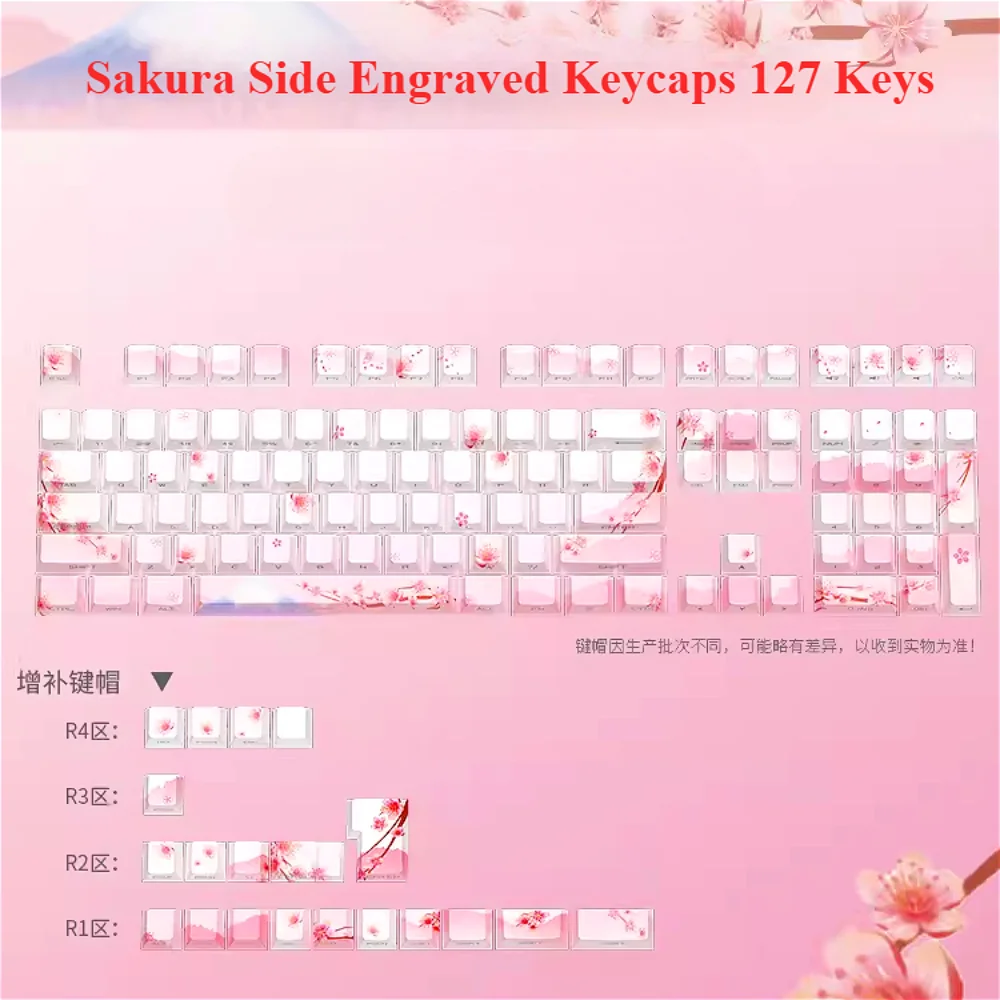 sakura conjunto de teclas gravadas lado rosa translucido pbt 127 teclas para interruptor mx 60 84 90 104 108 teclados mecanicos 01