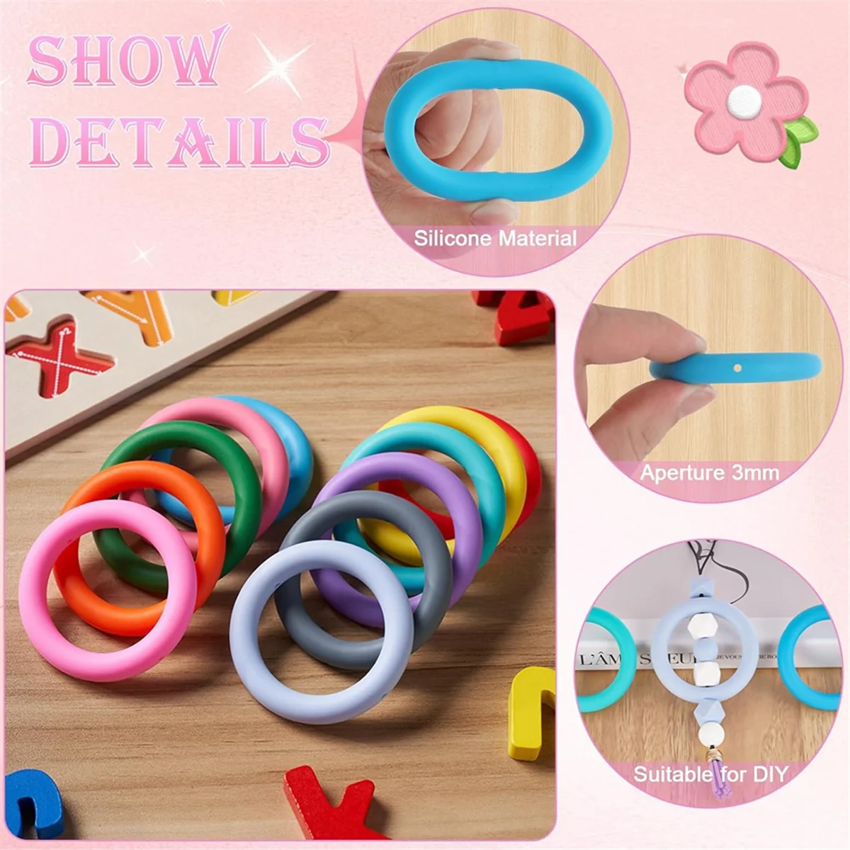 36 PCS Silicone Beaded O-Rings with Rope Hole, 65mm Silicone Beads Bulk Rings for Keychain Making