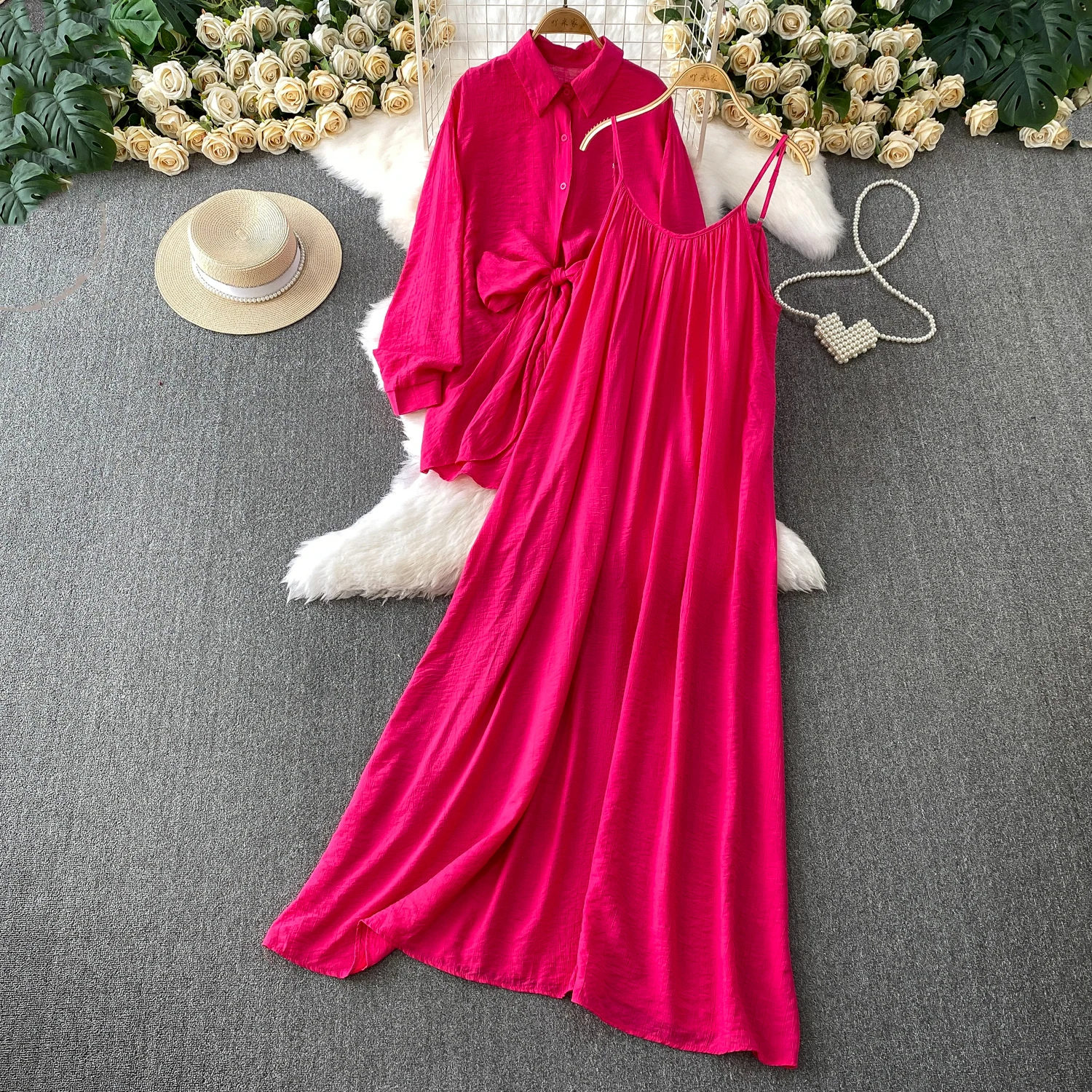 

Мягкие стильные женские комплекты платьев с бантом и воротником с лацканами, повседневная рубашка + платья-комбинации, новинка 2023 года, осенние женские костюмы из 2 предметов