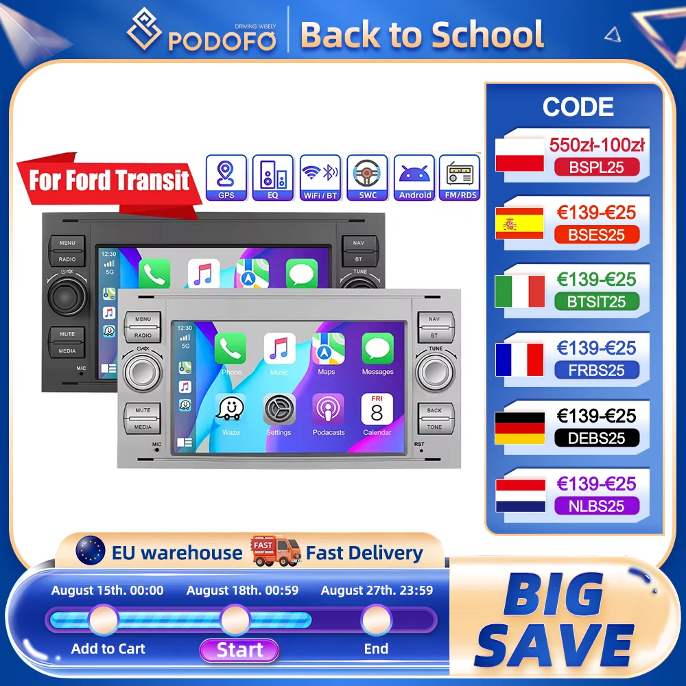 Podofo 2Din Android Autoradio Per Ford Transit Fiesta Focus Galaxy Mondeo Fusion Kuga Lettore Auto Carplay Android Auto GPS WIFI