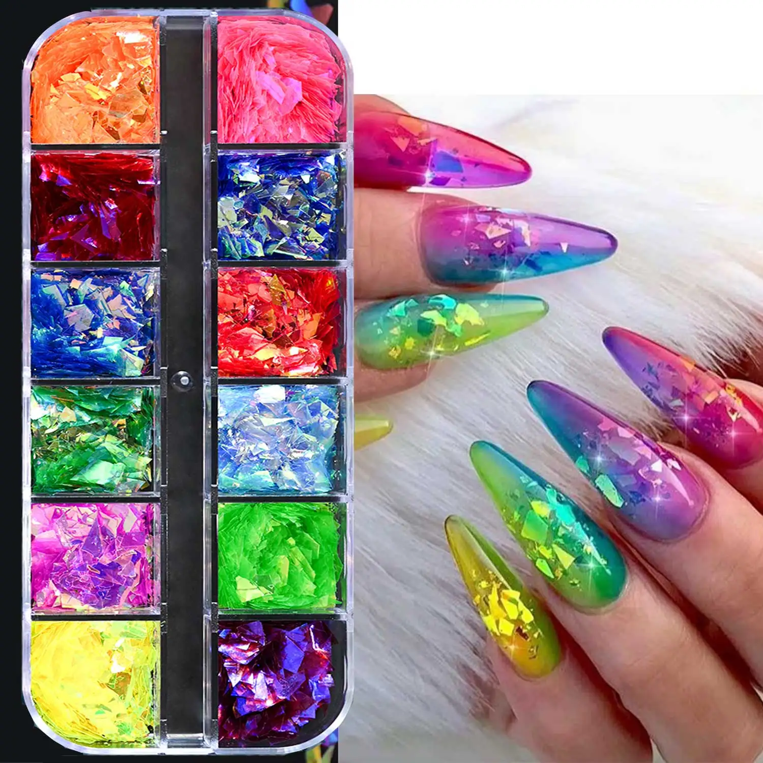 12Grids Holographic Mermaid Nail Art GlitterIrregular Rainbow-Candy Color Nail Art Flakes Sequins Gradient Bright Nail Sequin