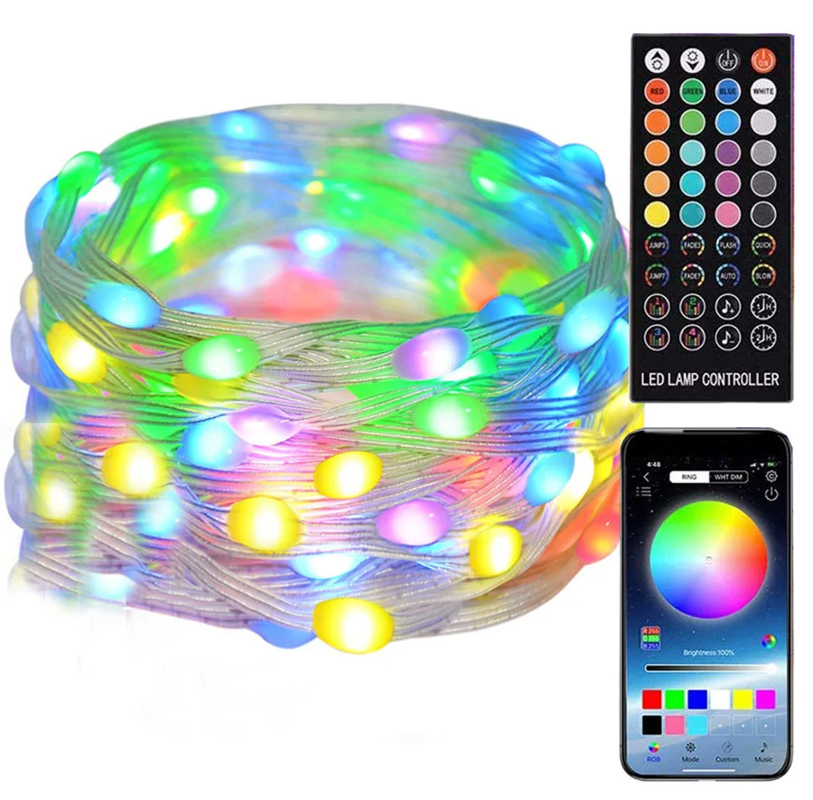 Guirxiété lumineuse d'arbre de Noël, lumières dégradées BT, télécommande USB, contrôle d'application intelligent, décoration de vacances, fête de jardin, RVB, 20m, 10m, 5m