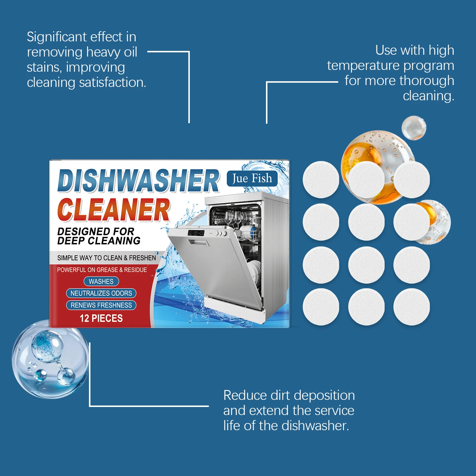 12pieces Dishwasher Cleaner Tablets - Powerful Degreasing & Descaling, Removes Limescale,  Household Cleaning Supplies