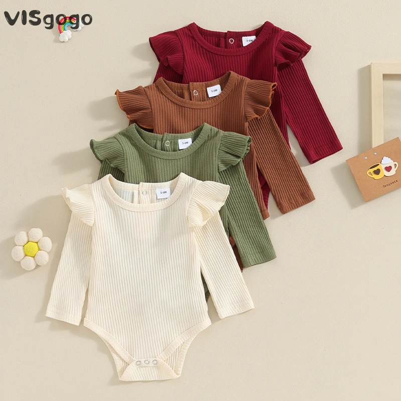 

VISgogo 0-24Months Newborn Baby Girls Bodysuits Spring Autumn Clothes Crew Neck Long Sleeve Solid Color Ruffle Ribbed Rompers