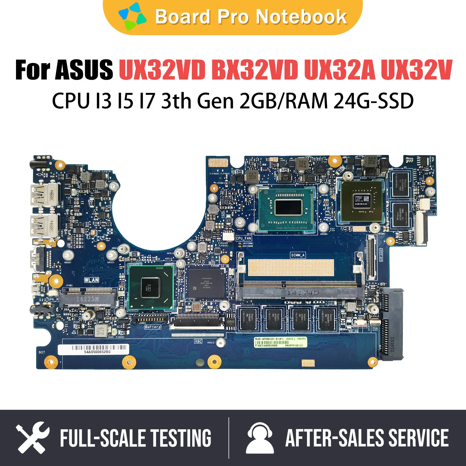 Placa base UX32VD para ASUS Zenbook, BX32VD, UX32A, UX32V, UX32, CPU de ordenador portátil I3, I5, I7, 3th Gen, 2GB/RAM, 24G-SSD, GT620M