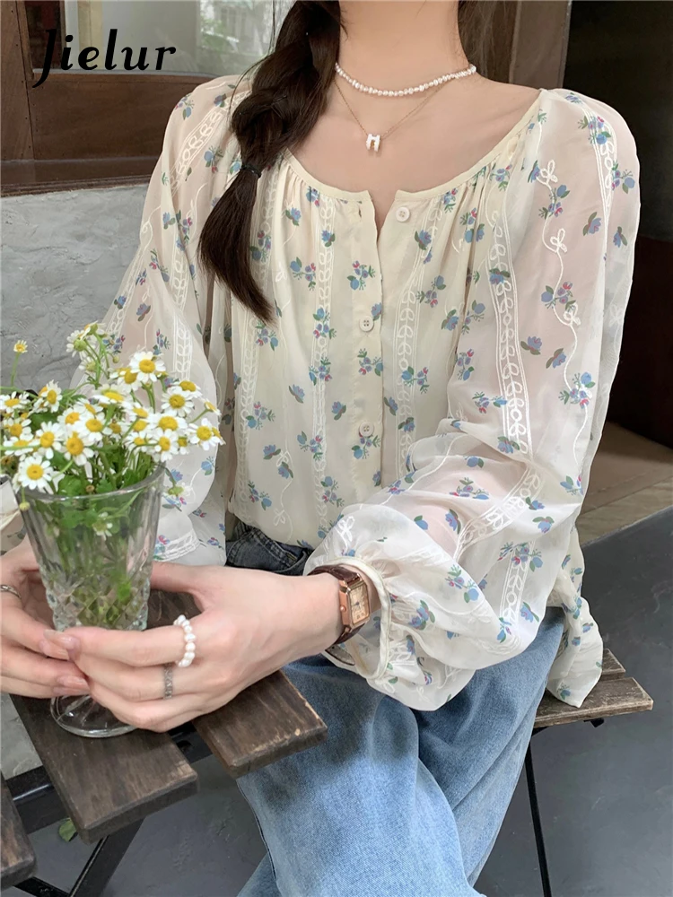 Jielur Summer New Slim Floral Women Shirt Sweet Ladies Casual Fashion Shirt Woman Loose Korean Chic Long-Sleeved Top Female